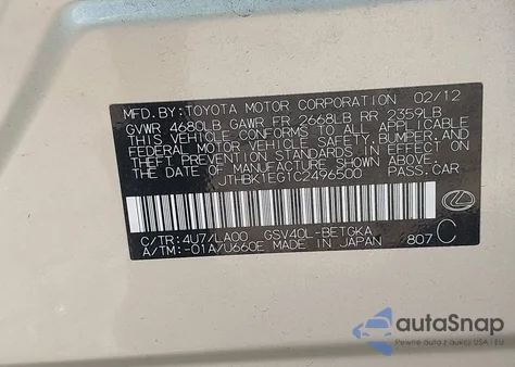 2012 Lexus Es 350 350 z USA, uszkodzony, nr VIN JTHBK1EG1C2496500